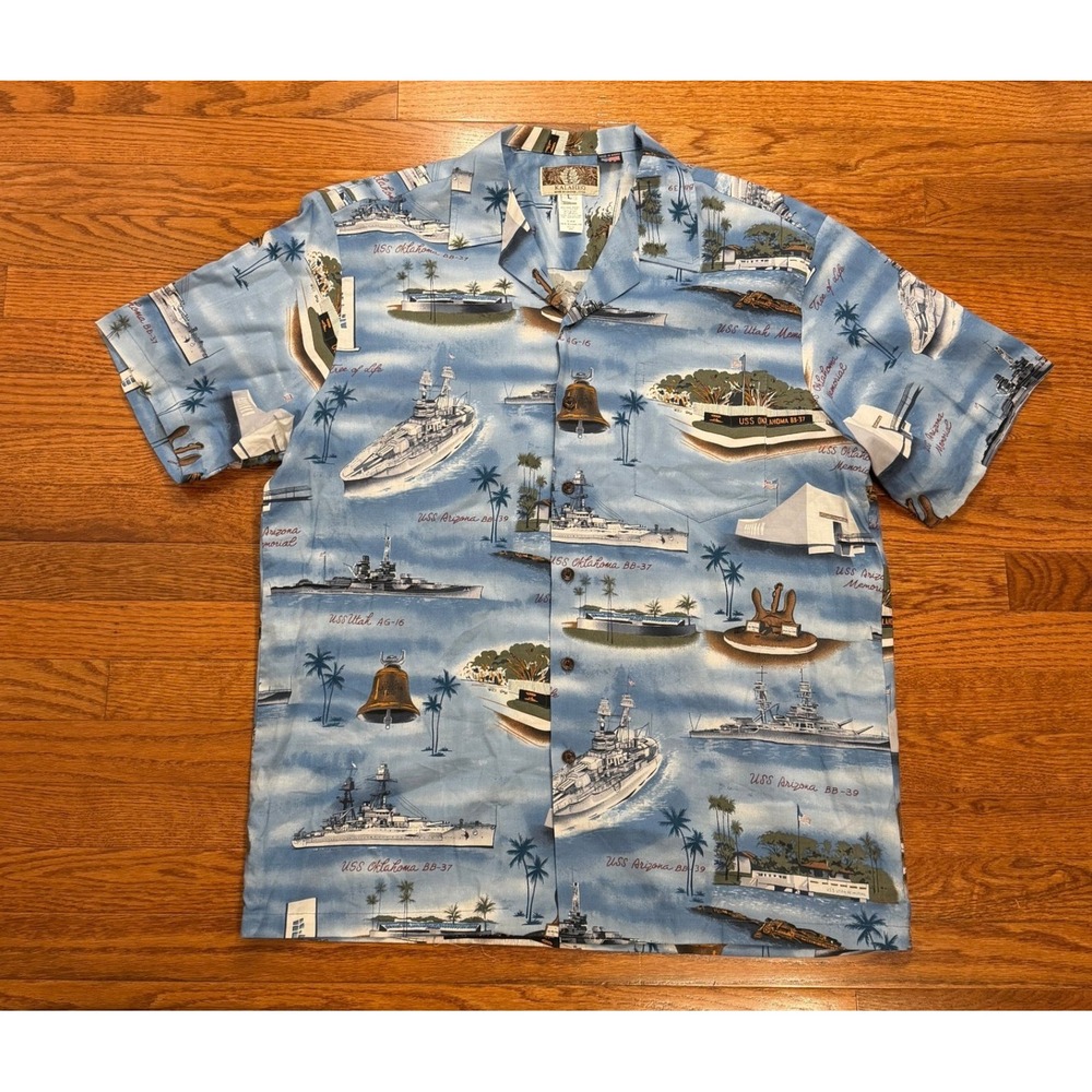 Vintage Kalaheo Pearl Harbor Hawaiian Shirt Mens Large USS Arizona Military Navy